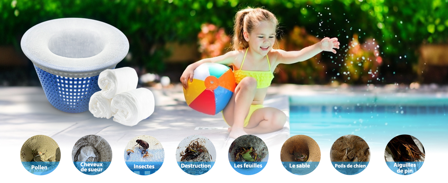: distributeur de chlore flottant blanc, panier d'écumoire à mailles bleues et petites icônes circulaires illustrant les différentes tâches et équipements d'entretien de la piscine