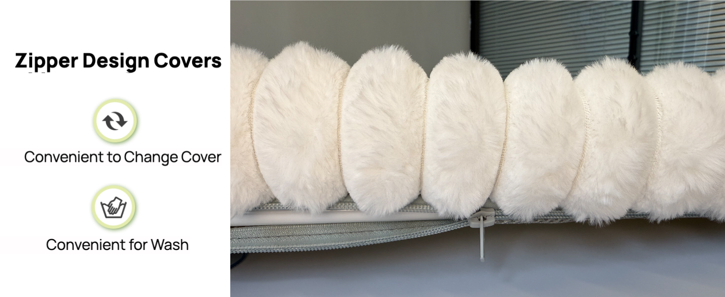 Plusieurs housses de coussin blanches rondes et moelleuses avec fermeture éclair.
[SENTENCE 3] Le texte indique qu'ils sont faciles à changer et à laver.
[SENTENCE 4] Les couvertures sont exposées sur une étagère ou une surface.