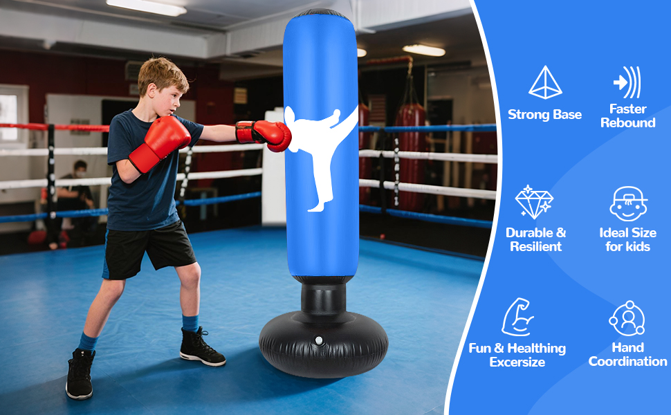 avec motif de personnage blanc, illustré par un garçon sur un ring de boxe. Les caractéristiques comprennent une base solide, un rebond rapide, une durabilité et une adaptation à l'exercice et à la coordination des enfants
