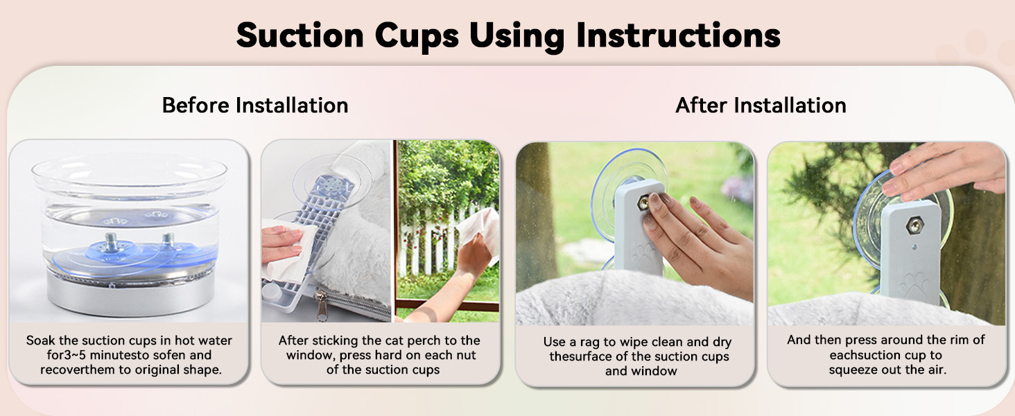 Guide d'instructions étape par étape pour l'installation de la ventouse, montrant quatre panneaux avec différentes étapes du processus de montage.
