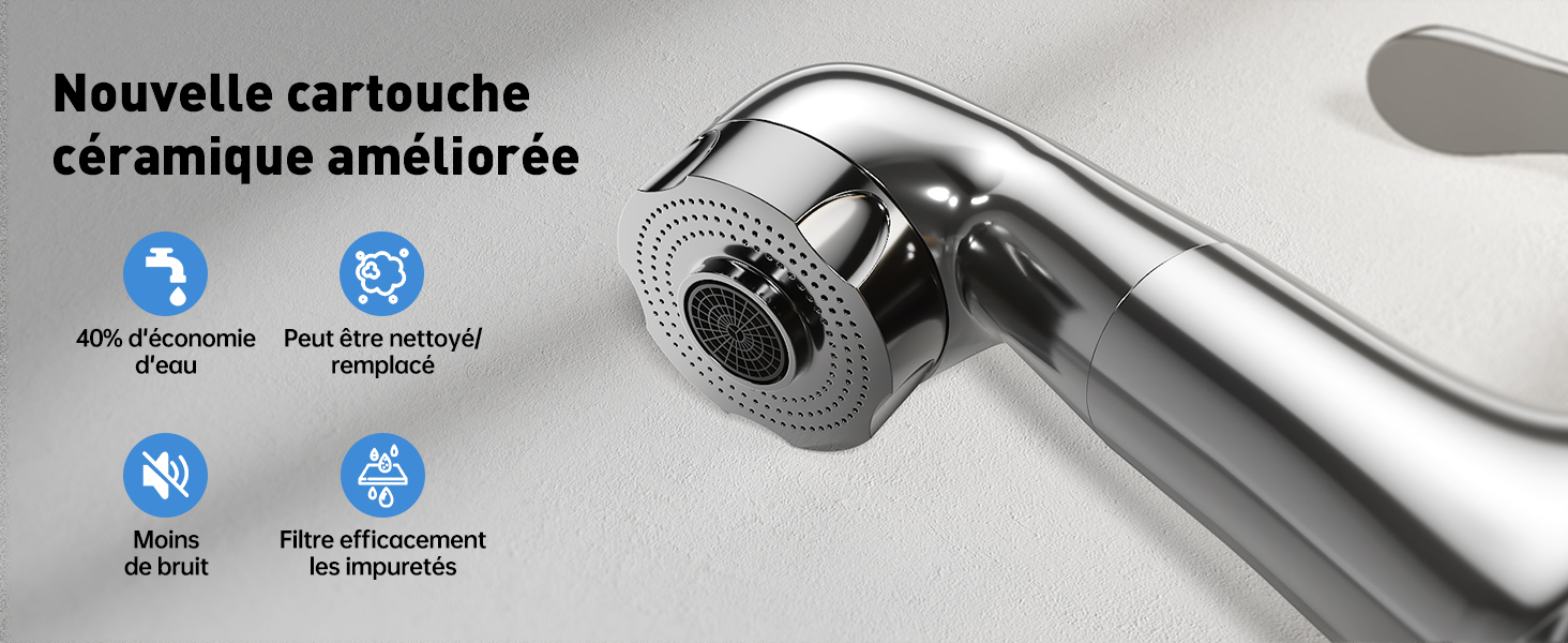 avec cartouche en céramique améliorée. Les caractéristiques incluent des économies d'eau de 40 %, un nettoyage facile, une réduction du bruit et une filtration des impuretés, comme indiqué par les icônes