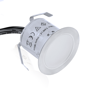 Petit luminaire LED circulaire avec fil attaché. Couleur blanche, design compact adapté au montage encastré ou en surface
