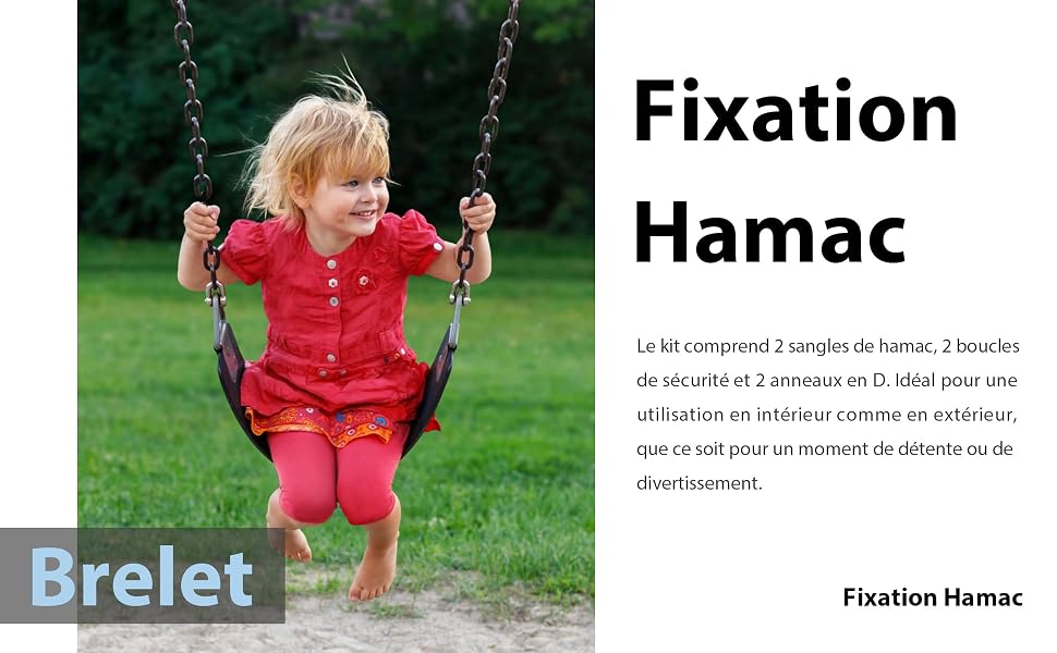 étiqueté « Fixation Hamac » avec siège en tissu rouge attaché à des chaînes pour une utilisation sur le terrain de jeu ou