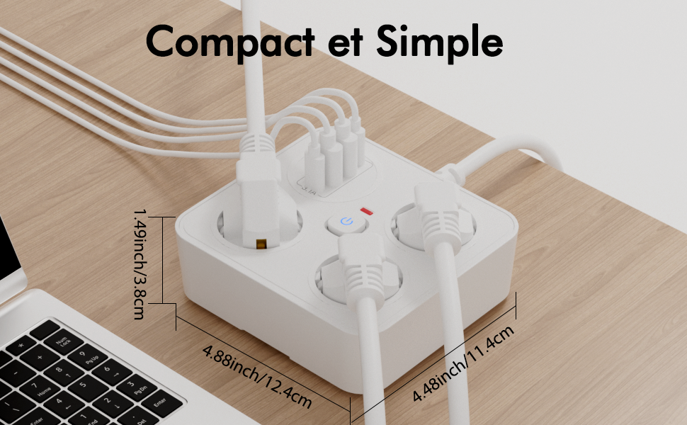 Le texte se lit comme suit : « Compact et Simple ».
[SENTENCE 30]
[SENTENCE 5] Récipient de rangement en plastique blanc avec plusieurs compartiments illustré à côté du coin de l'ordinateur portable à titre de référence de taille.