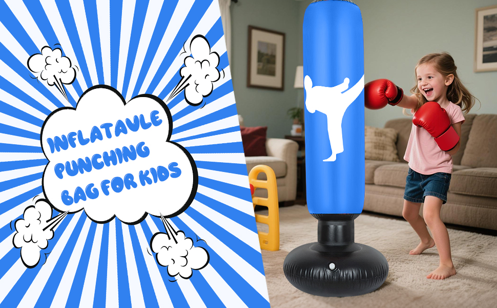 pour enfants. Sac debout bleu avec silhouette blanche. Un enfant portant des gants de boxe rouges frappe un sac de boxe dans le salon.
