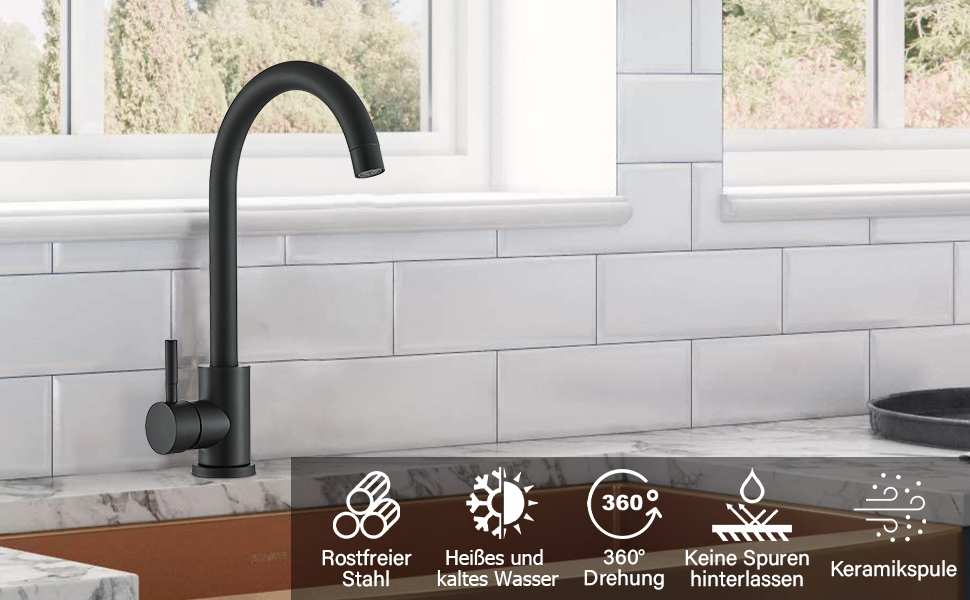 Kitchen Sink Tap Black 360° Swivel High Spout