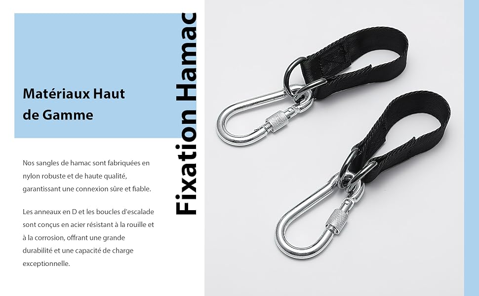 Deux attaches de bracelet noires avec mousquetons en métal, illustrées sur un fond bleu clair avec du texte en français