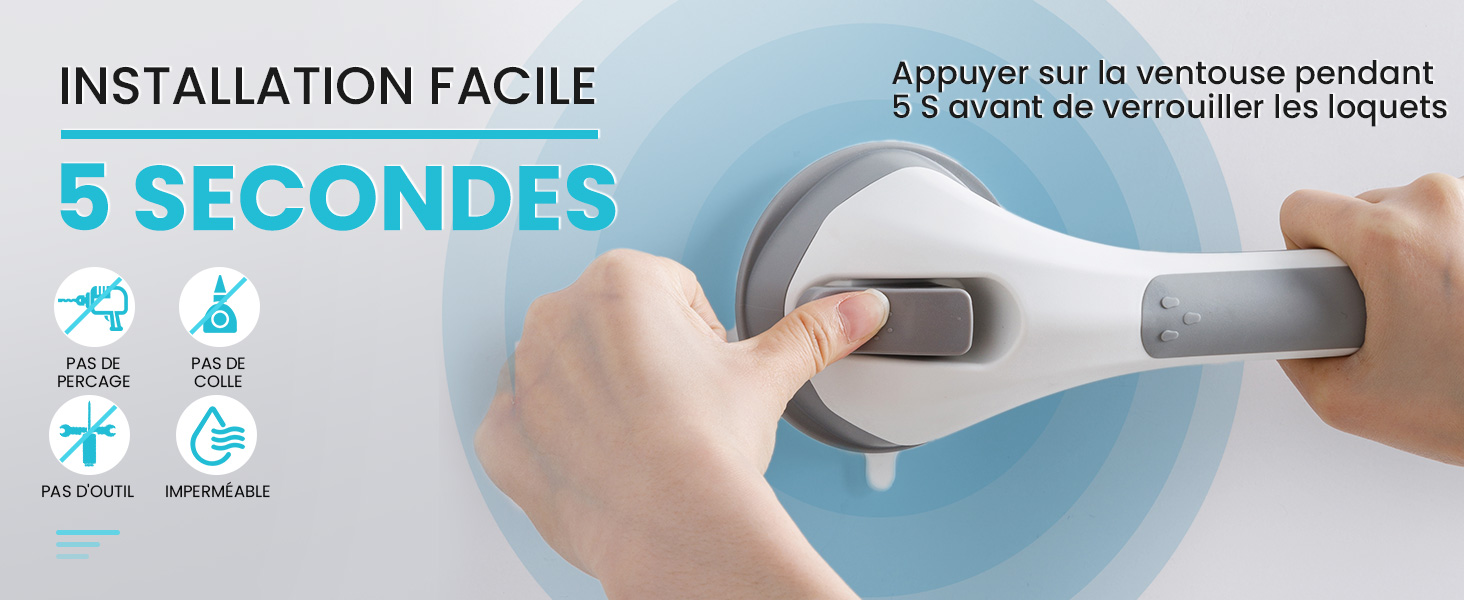 Image pédagogique pour une installation facile d'un produit en 5 secondes, montrant des mains actionnant un système de montage par aspiration sur un
