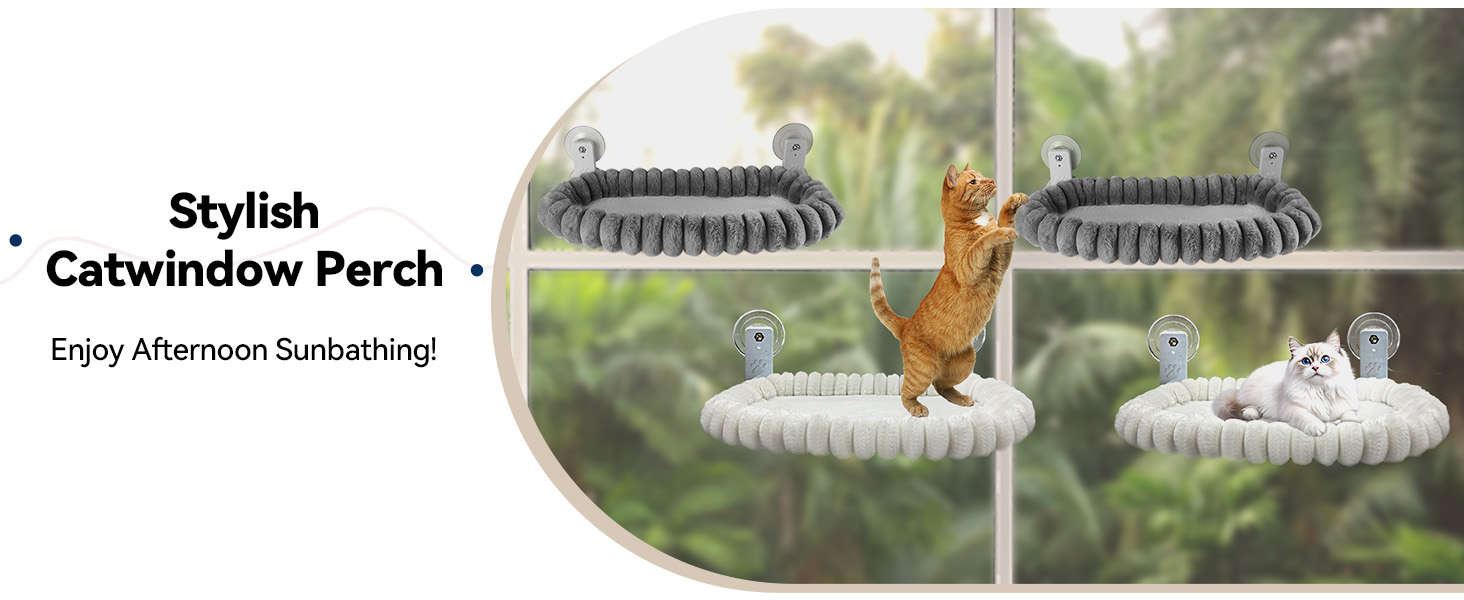 Perchoir pour chat monté sur fenêtre avec deux plates-formes grises enroulées fixées à des ventouses, montrant une image composite démontrant une utilisation potentielle