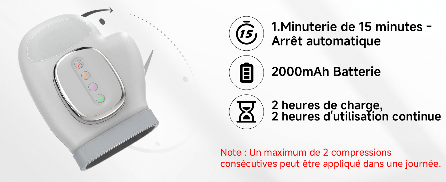 Le texte se lit comme suit : « L'efficacité de 15 minutes - Arrêt automatique, batterie de 2000 mAh, 2 heures de charge, 2 heures d'utilisation continue ».