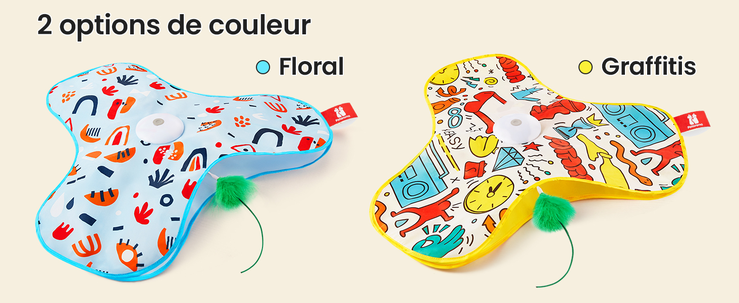 Deux jouets d'avion en mousse colorée avec lance-cordes. L'une présente un motif floral bleu, l'autre jaune avec des motifs de style graffiti. Le texte indique deux options de couleur disponibles.