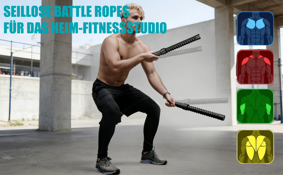 Der Text lautet ?SEILLOS BATTLE ROPES FüR DAS GYM-FITNESS-STUDIO“. Vorführung von Fitnessger?ten in einem hellen Fitnessbereich mit Battle Rope-übungen.