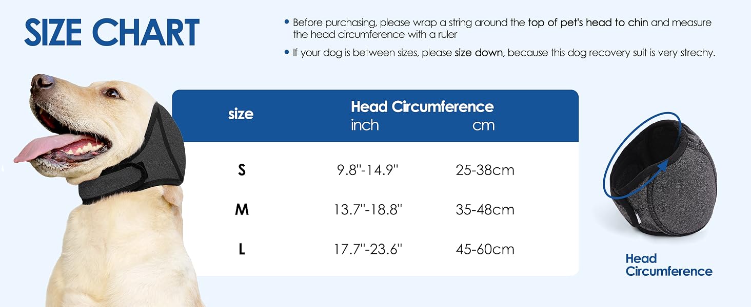 size chart of dog ear wrap
