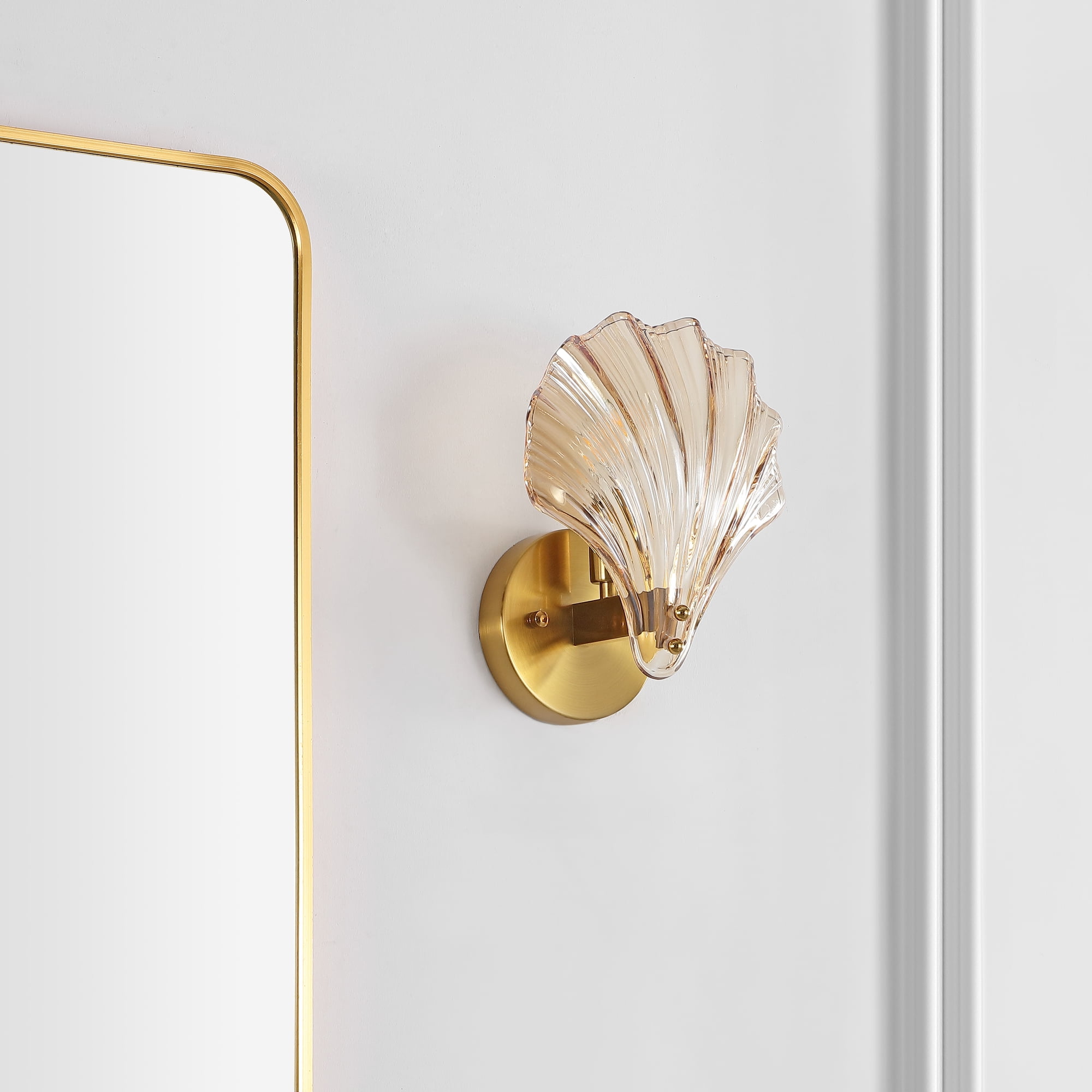 SAFAVIEH Sirena LED Brass Gold Iron Wall Sconce with Amber Glass Shade, Set of 2