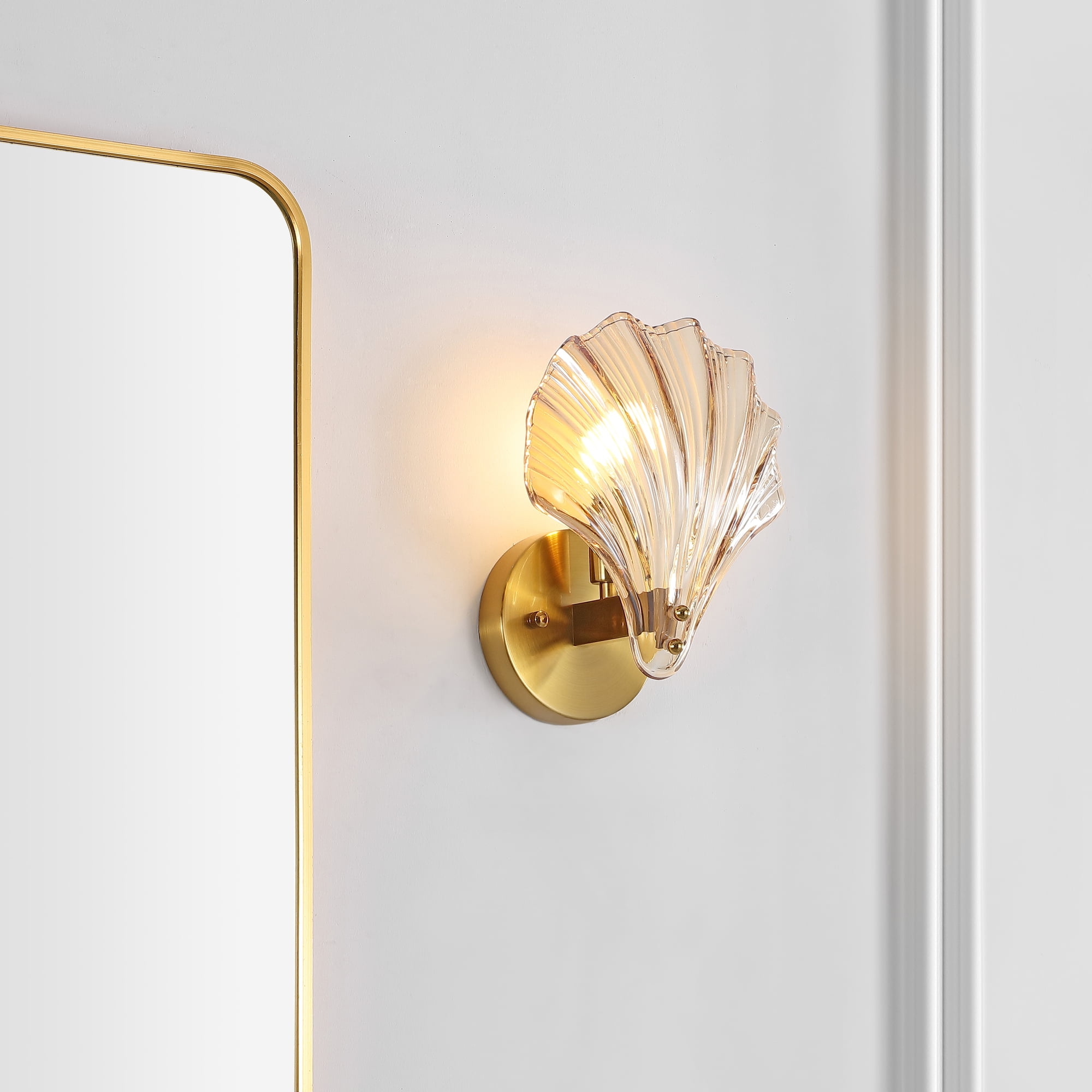 SAFAVIEH Sirena LED Brass Gold Iron Wall Sconce with Amber Glass Shade, Set of 2