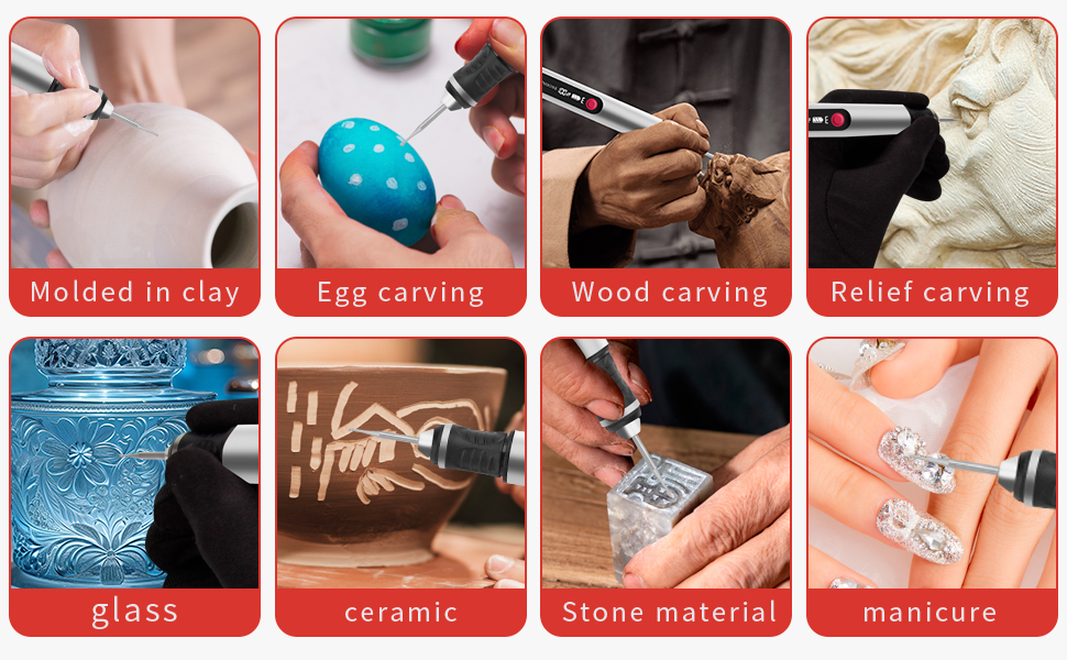 Collage de huit activités artisanales : pâte à modeler, sculpture sur œufs, sculpture sur bois, sculpture en relief, gravure sur verre, peinture sur céramique, sculpture sur pierre et application de nail art. Chaque panneau montre des mains travaillant sur l'engin correspondant.