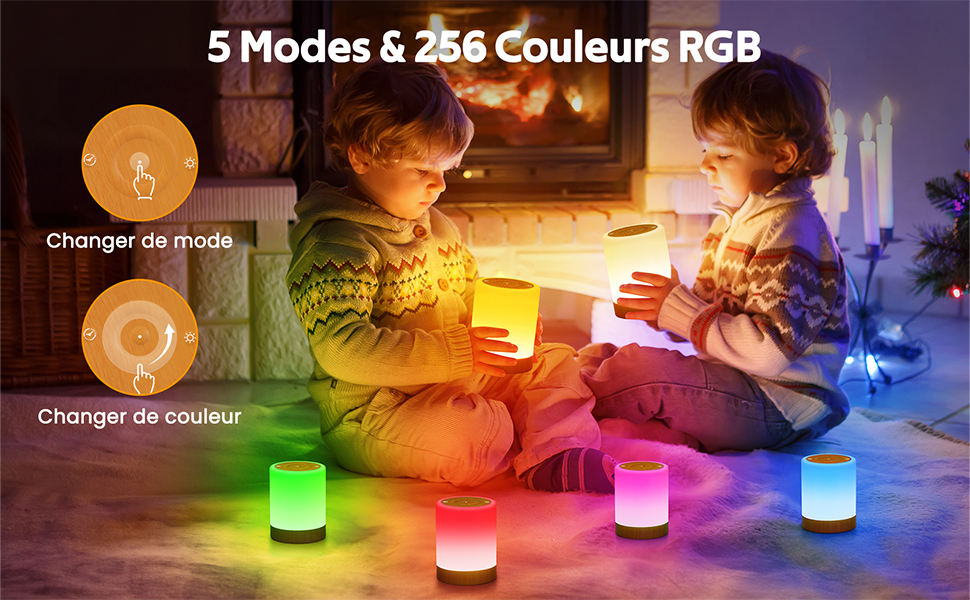 Ensemble de lampes d'ambiance RGB colorées affichant 5 modes et 256 couleurs, montrant plusieurs unités brillant dans différentes teintes dans un environnement faiblement éclairé