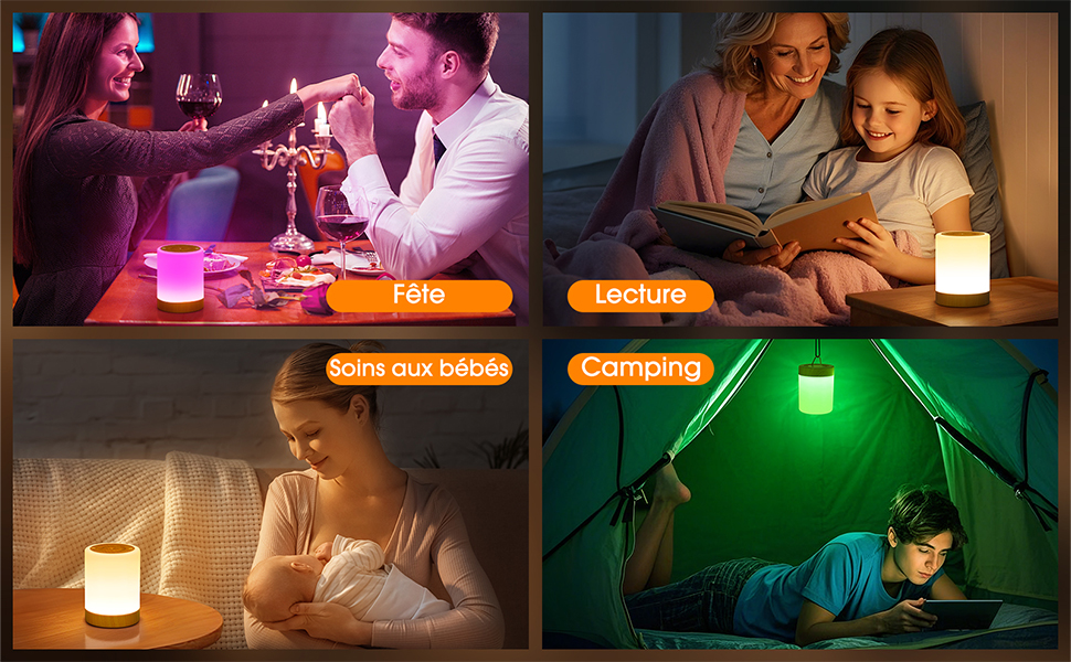 présentée dans différents environnements : fête, lecture au coucher, crèche et camping.
[SENTENCE 14] Émet des lumières de différentes couleurs en fonction de chaque environnement.