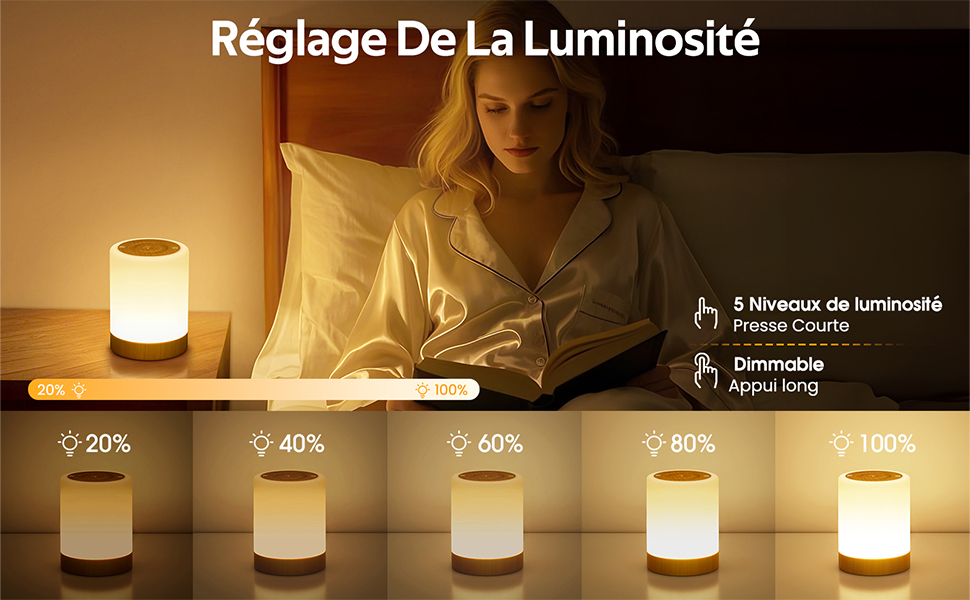 avec cinq niveaux de luminosité.
[SENTENCE 11] Les images montrent une lumière chaude à une intensité de 20 %, 40 %, 60 %, 80 % et 100 %.
[SENTENCE 12] Le texte en français indique le contrôle de la luminosité.