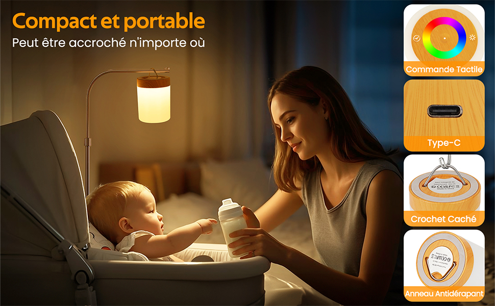 éclairant femme et bébé.
[SENTENCE 13] Les caractéristiques incluent un design compact, un chargement USB-C et des niveaux de luminosité réglables