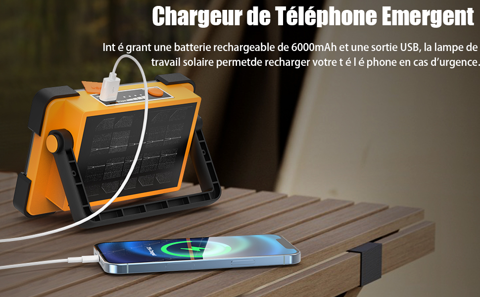 avec poignée.
[SENTENCE 18] Le texte mentionne une capacité de 6000 mAh et une utilisation d'urgence