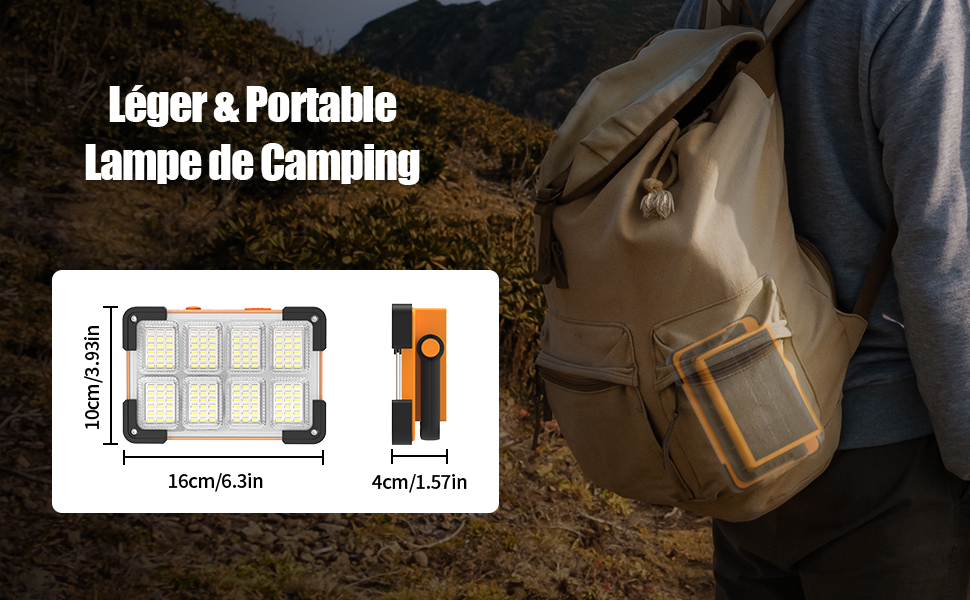 dont les dimensions sont indiquées en 14 cm x 8,3 cm, exposée à côté du matériel de camping en extérieur