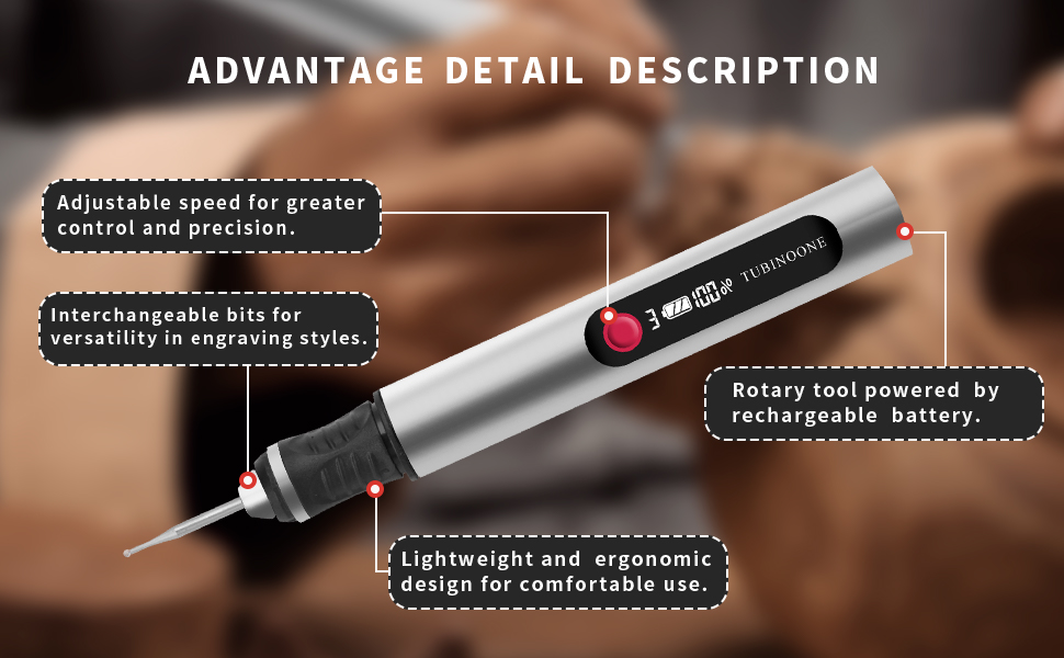 avec vitesse réglable, embouts interchangeables et batterie rechargeable. Dispose d'un design léger et d'un bouton d'alimentation rouge. Détails du produit étiquetés dans l'image.