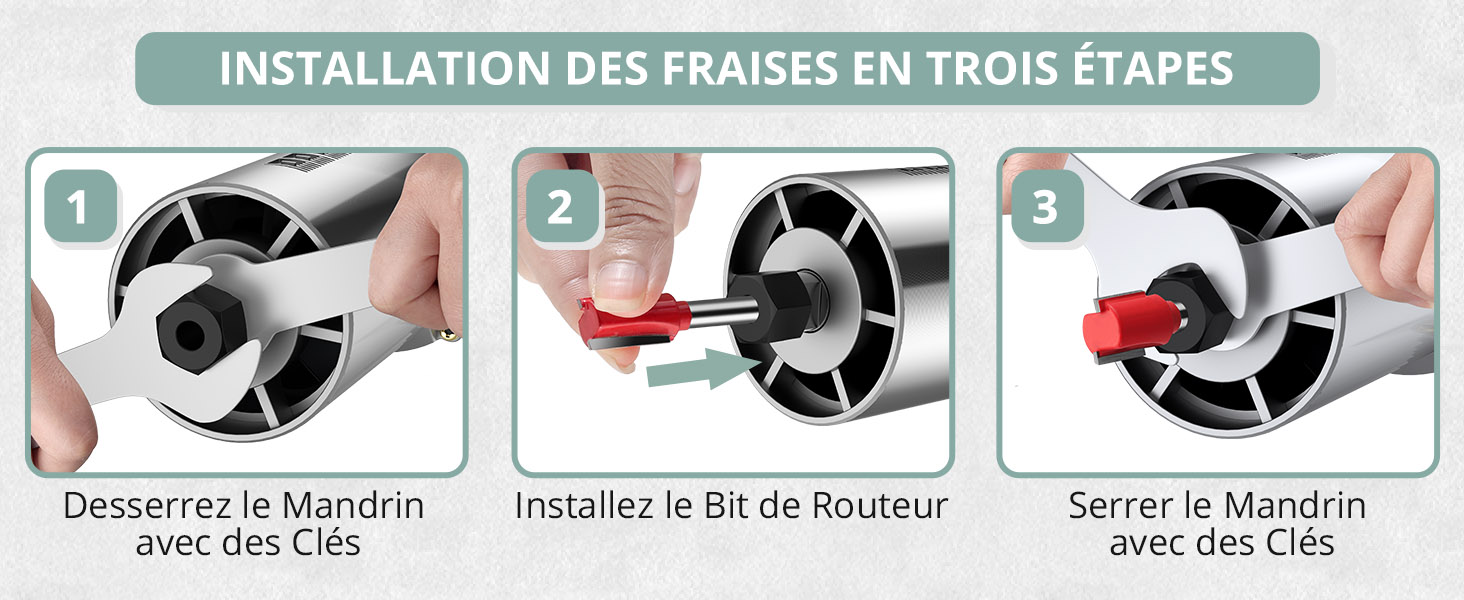 Image à quatre panneaux montrant le processus de traitement de la surface en bois : ponçage, nettoyage, application du produit et résultat final poli