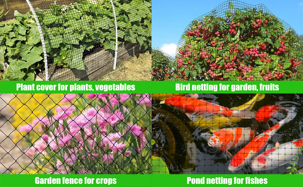Collage de quatre images montrant diverses applications de filets de jardin : couverture végétale, filet anti-oiseaux pour les fruits, clôture de jardin pour les cultures et filet de bassin