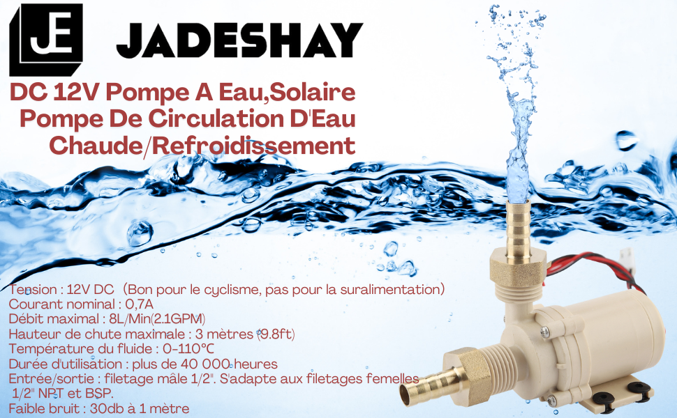 avec spécifications techniques et effet d'éclaboussure d'eau, montrant un mécanisme de pompe de couleur laiton