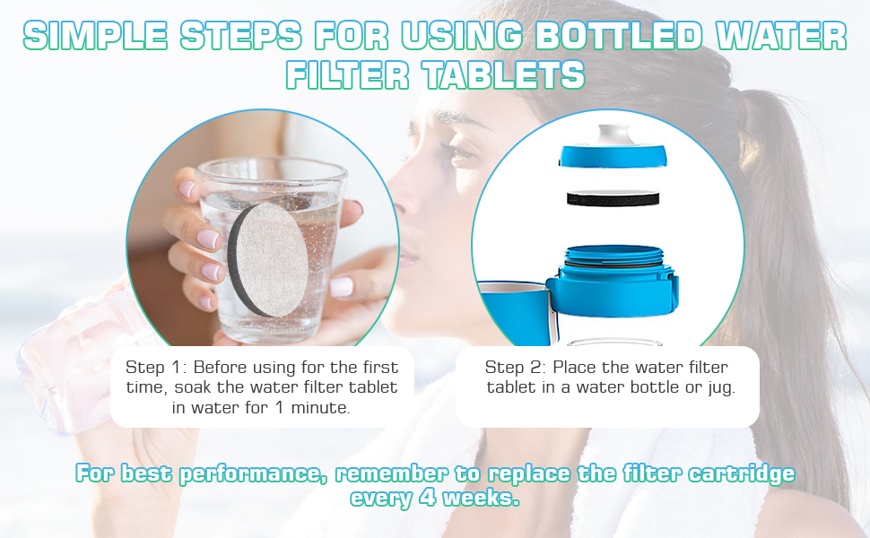 Le texte se lit comme suit : « Image 5, ÉTAPES SIMPLES POUR UTILISER DES COMPRIMÉS FILTRANTS POUR EAU EN BOUTEILLE ».