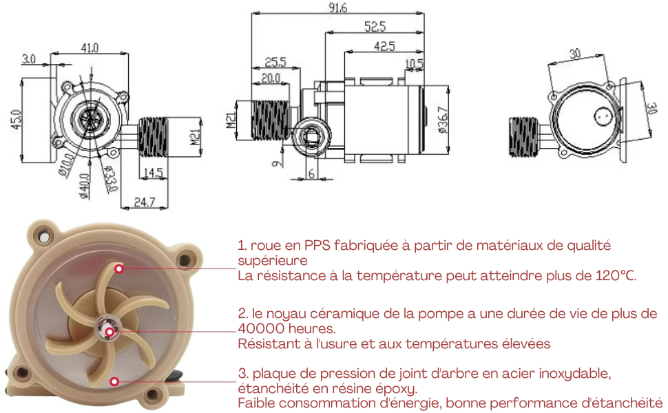 Schéma technique d'un composant mécanique, probablement une pompe ou un moteur, montrant les mesures dimensionnelles et des vues en coupe transversale du dispositif circulaire composé de