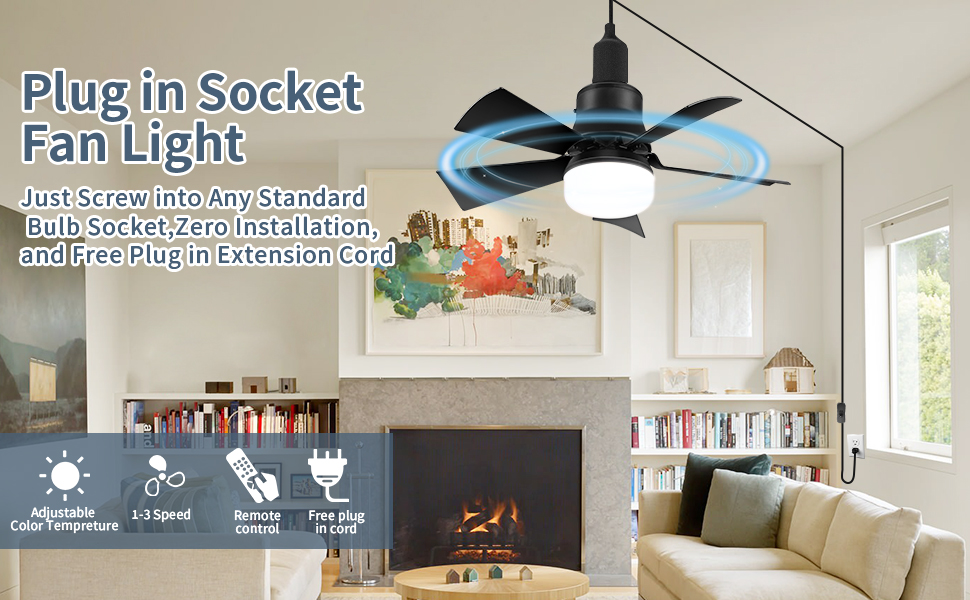 Plug in Ceiling Fan with Light 30w E26 Socket Fan Comes with 9.84ft Plug Cable and Remote Control