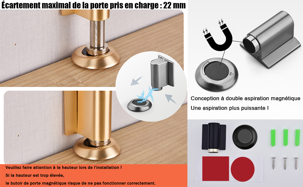 Plusieurs images de produits montrant des composants de meubles en métal, notamment des pieds réglables, des supports de montage et de la quincaillerie avec des schémas d'installation.