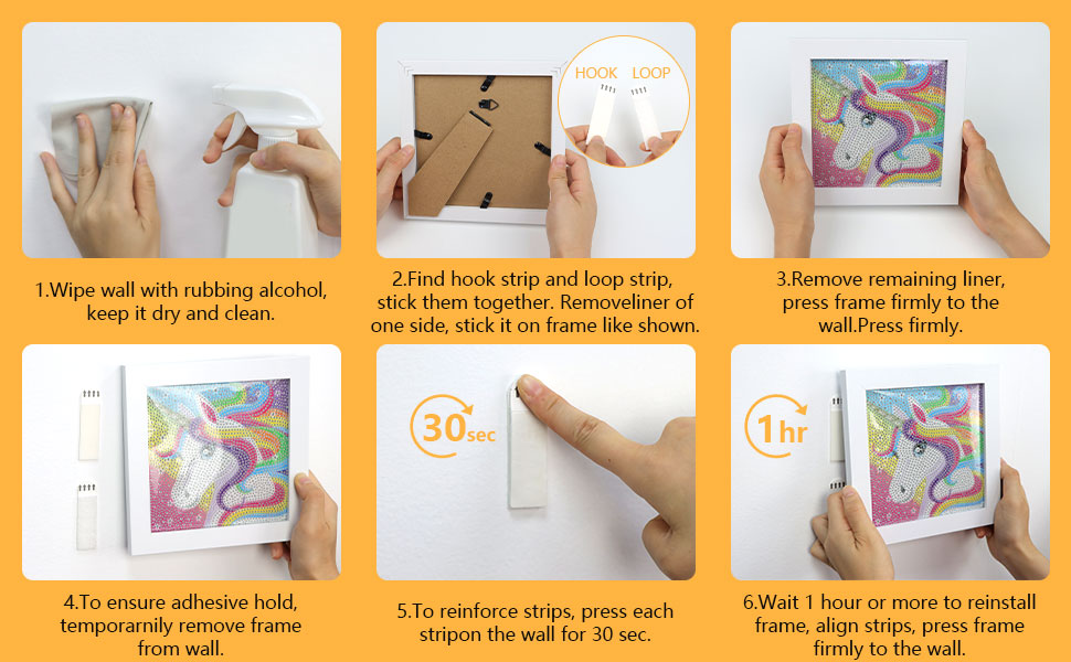 Instructions étape par étape pour accrocher des œuvres d'art mural. Six panneaux illustrant le processus, du nettoyage du mur à l'installation finale, y compris l'application de l'adhésif et l'alignement du cadre.