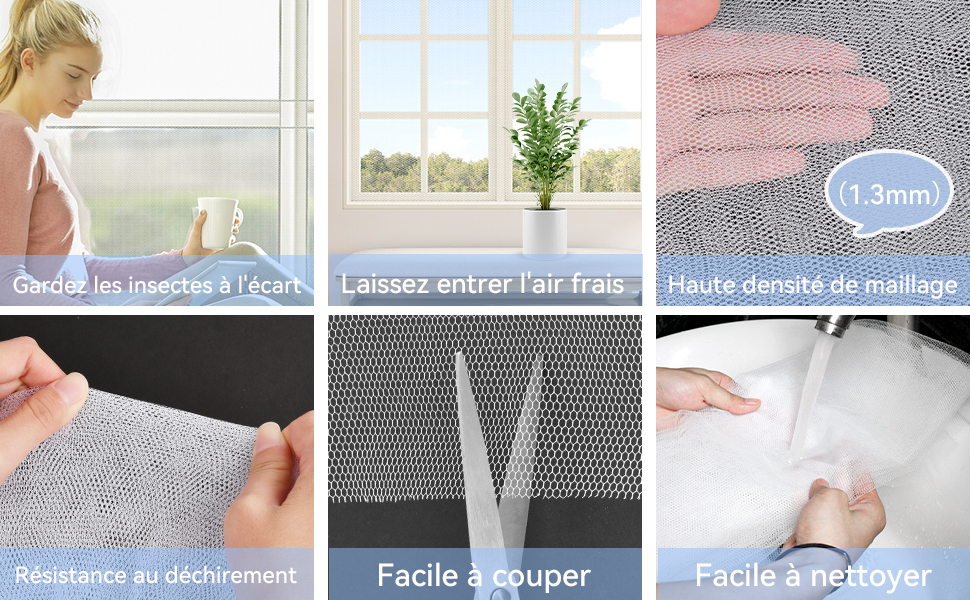 Image composite montrant les caractéristiques du treillis de fenêtre : protection contre les insectes, circulation de l'air, maille haute densité (1,3 mm), résistance à la déchirure, coupe facile et nettoyage facile
