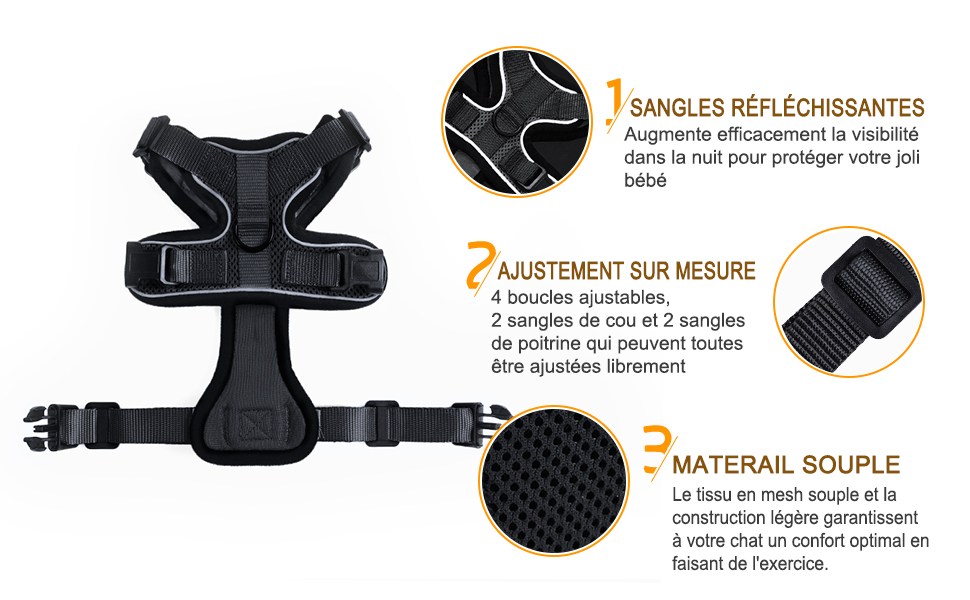 Harnais Chat/Harnais pour Chat/Laisse Harnais Chat Noir