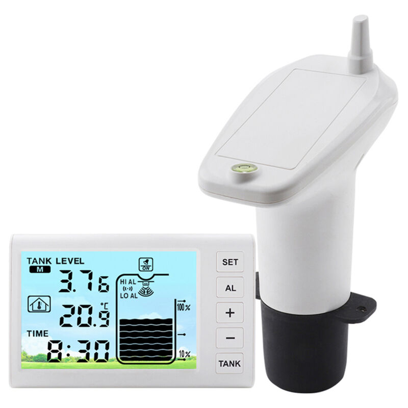 Indicatore di livello per serbatoi d'acqua a ultrasuoni wireless, misuratore di livello del liquido con sensore di temperatura e indicatore di profondità del liquido con visualizzazione dell'ora