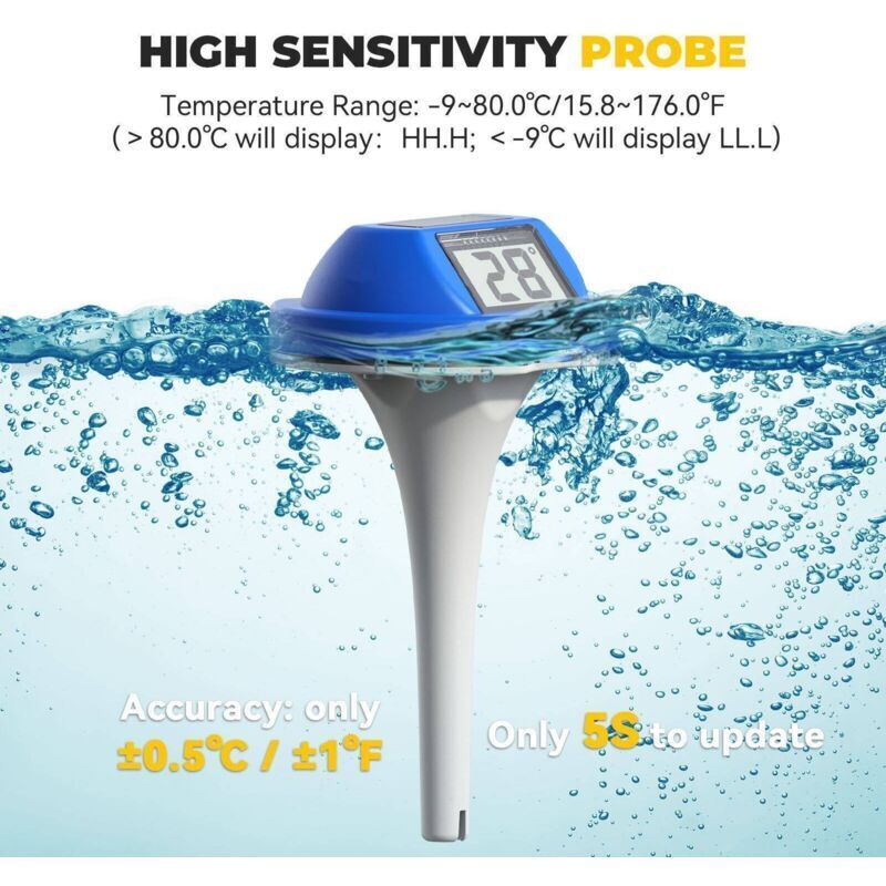 Schwimmendes Schwimmbadthermometer mit dualer Digitalanzeige, wasserdicht (IP68), solarbetrieben, gut ablesbar, dunkelblau - 4