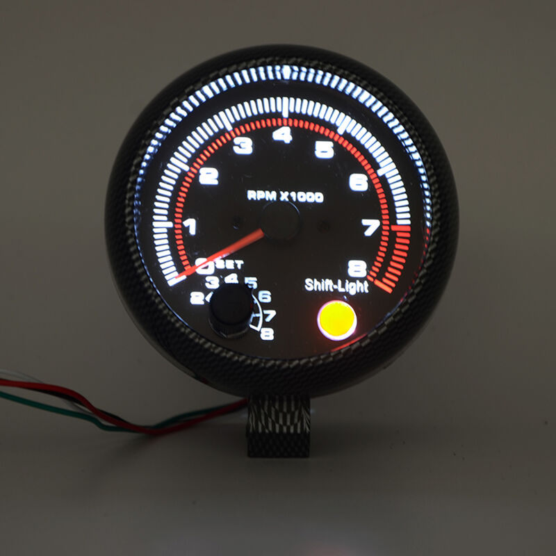 Tachymètre universel en fibre de carbone pour voiture, 3,75 pouces, lumière blanche de changement de vitesse 0-8000 tr/min