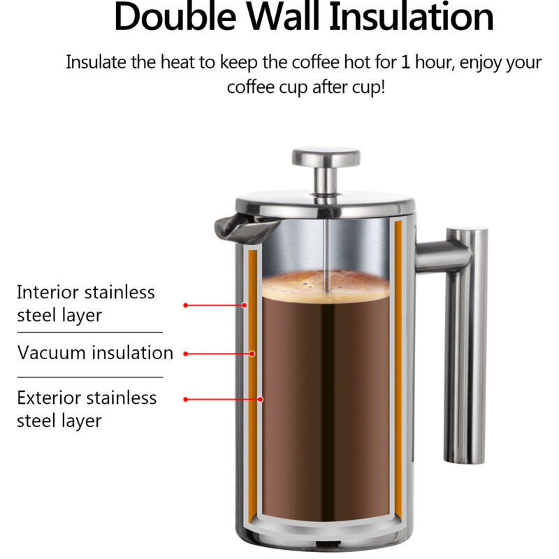 Cafetière à piston française 1000 ml en acier inoxydable à double paroi isolée