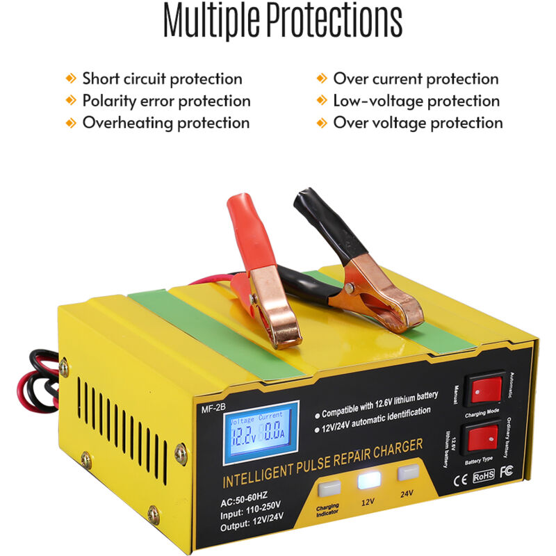 Chargeur de batterie 12V/24V Chargeur de réparation d'impulsions intelligent avec affichage numérique pour batterie de voiture et de moto Prise UE