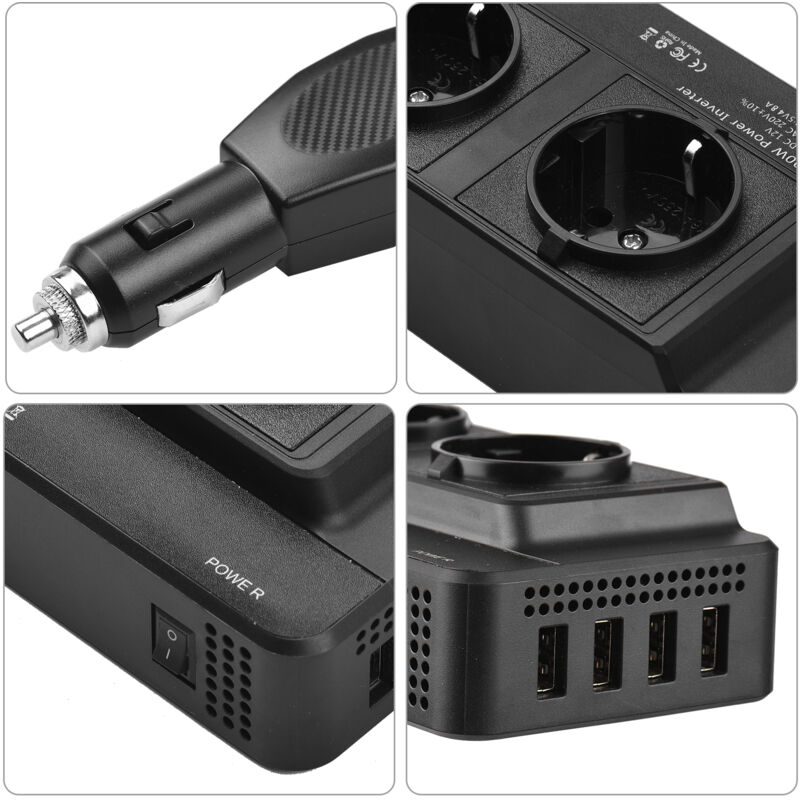 200-W-Kfz-Stromwandler DC 12 V auf AC 220 V mit 2 AC-Steckdosen, 4 USB-Anschlüssen, Ein-/Ausschalter, Sicherheitsschutz, tragbarem Kfz-Ladegerät Adapter für Mobiltelefone