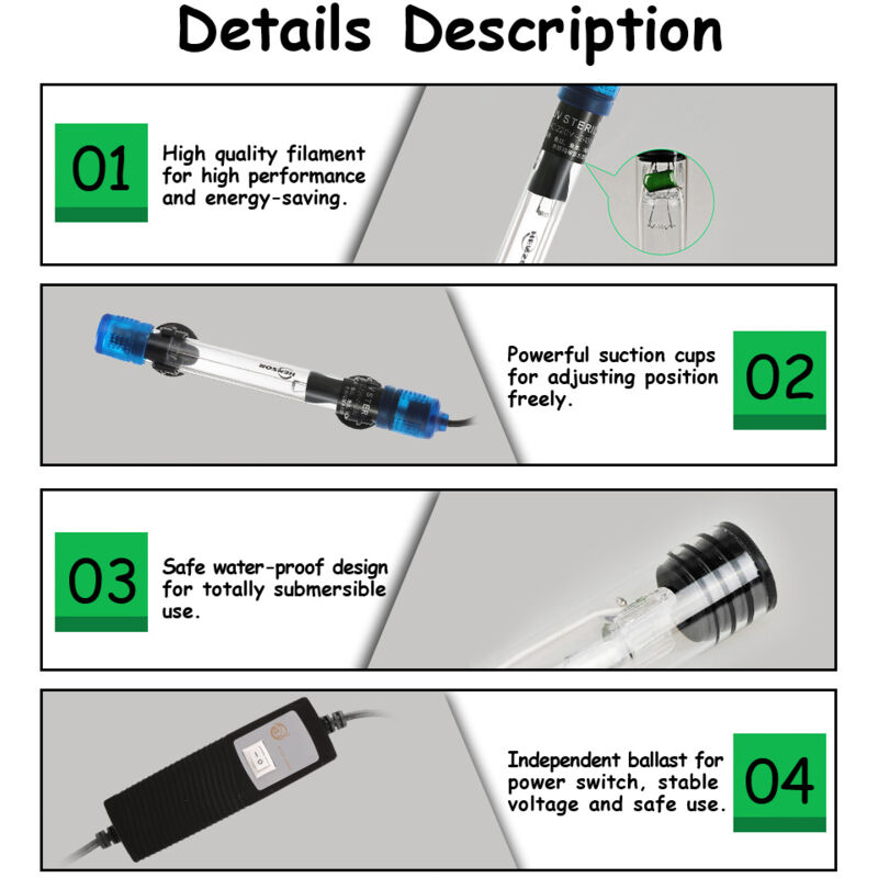 Lampe de stérilisation à lumière UV submersible 7 W pour traitement de désinfection de l'eau des étangs d'aquarium