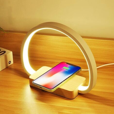 Lampada da comodino con caricabatterie wireless da 10 W e ricarica USB, luce notturna in legno sensibile al tocco con 3 livelli di luminosità per camera da letto, ufficio, studio