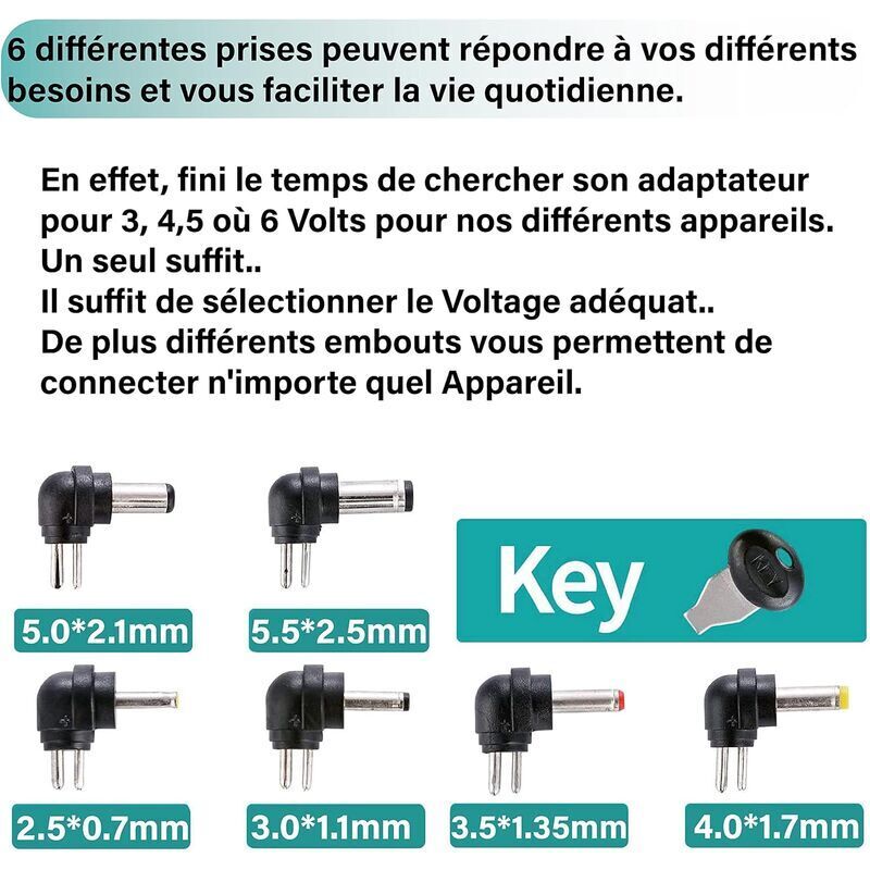 Bloc D'alimentation Universel 30W - Tension Réglable 3V-12V, 14 Embouts, Port USB - Pour Bandes LED, Routeurs, Jouets