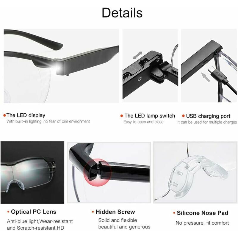 LED Reading Glasses Magnifying Glasses with 2 LEDs, USB Lens 1.6 times (250  degrees) anti-blue, All Precision Work, Repairs, Sewing, Watches and Crafts