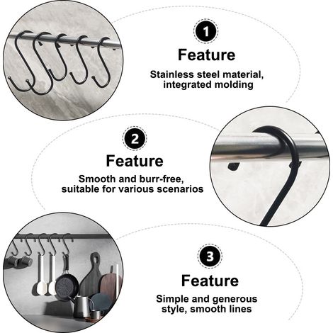 "Gancio a S in acciaio inox, gancio appendiabiti, gancio da cucina, gancio da macellaio// - 7,6 cm /></span><br /><br /><span>3. Questi ganci appendiabiti sono perfetti per la cucina: permettono di organizzare e appendere pentole, padelle, tazze e utensili. Sono adatti anche per il bagno, il garage, il ripostiglio e l'ufficio, per appendere vasi di piante, attrezzi da giardinaggio, asciugamani e vestiti. Tieni tutto a portata di mano e risparmia tempo prezioso.</span><br /><br /><span>4. Non sono necessari fori o attrezzi per utilizzare i ganci; basta fissarli a mensole, ringhiere e binari a muro. 5. Questo materiale è adatto per utensili da cucina e può essere applicato alla parete per organizzare oggetti come pentole, padelle, scope e cucchiai, risparmiando spazio prezioso in cucina.