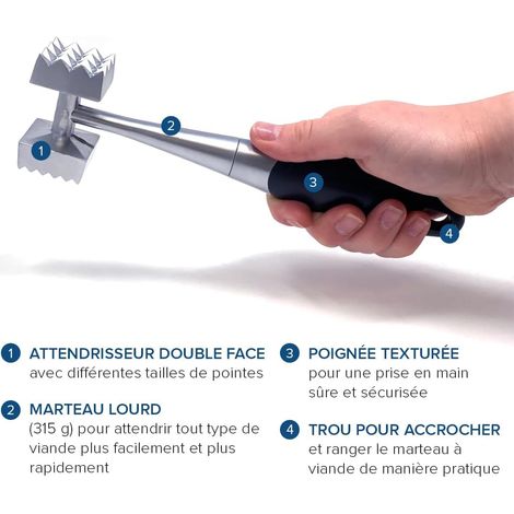 Ablandador de carne de metal - Agarre duradero y cómodo - Doble cara - Martillo de carne ideal para carne de res, aves, cerdo y pescado - 3