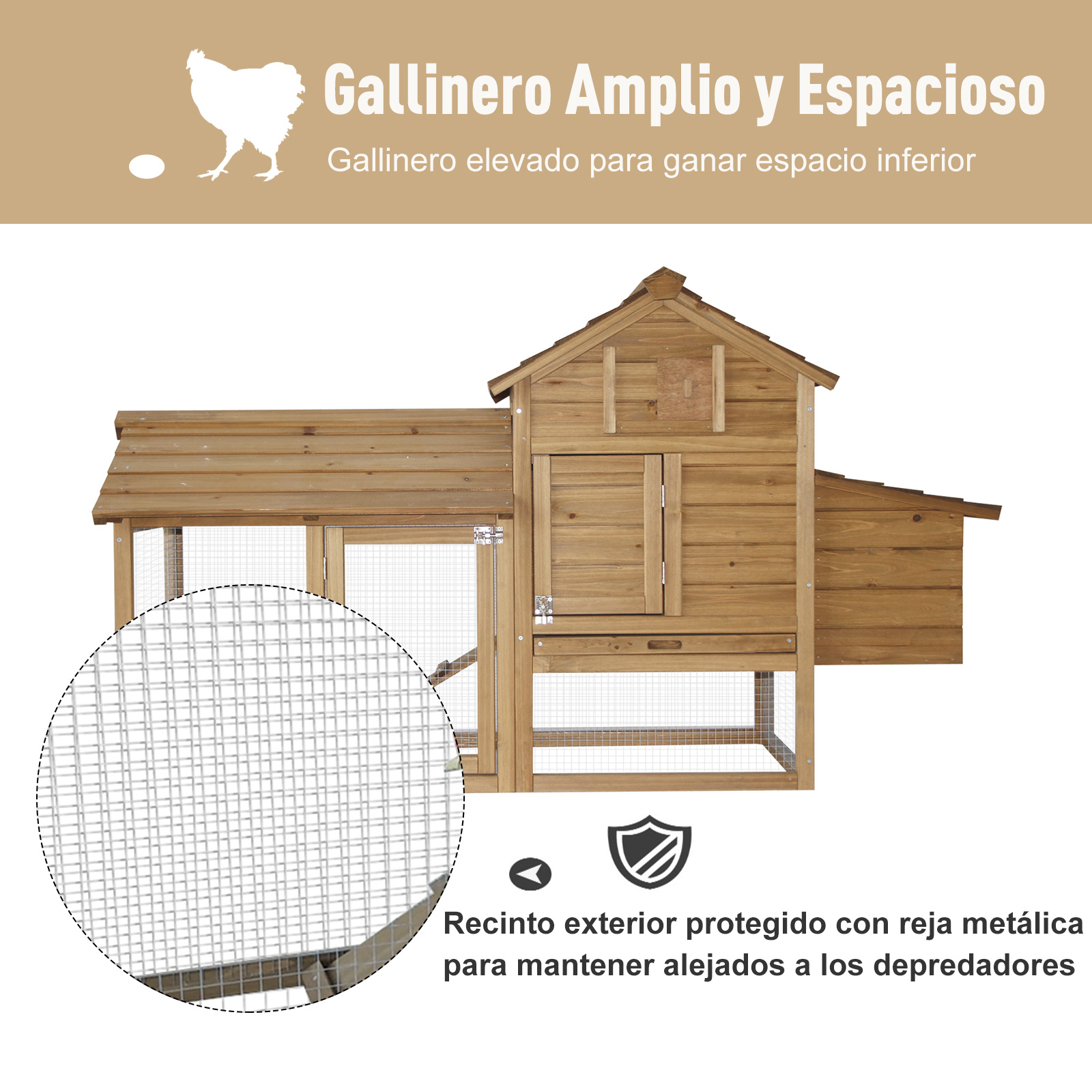 Gallinero de Madera con Zona Abierta 190x81x103 cm Natural PawHut